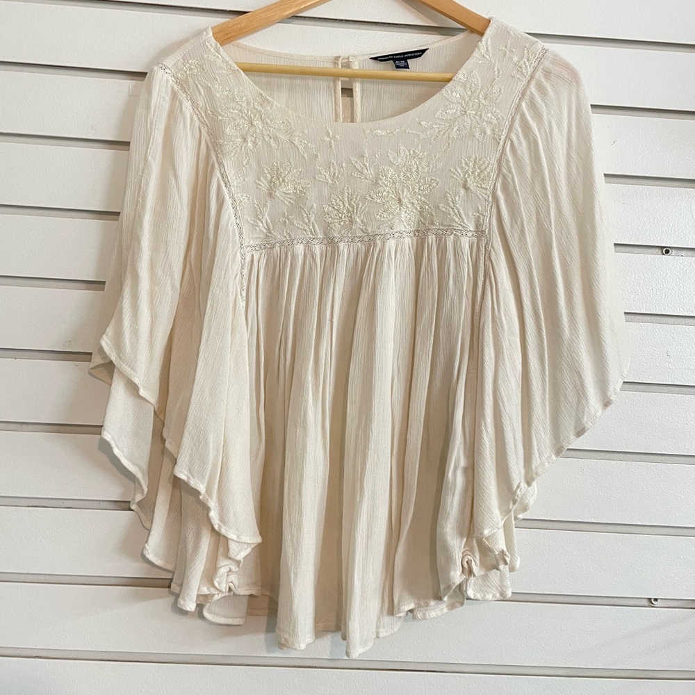 American Eagle Cream Embroidered Blouse Top Size Large, Flowy White Blouse